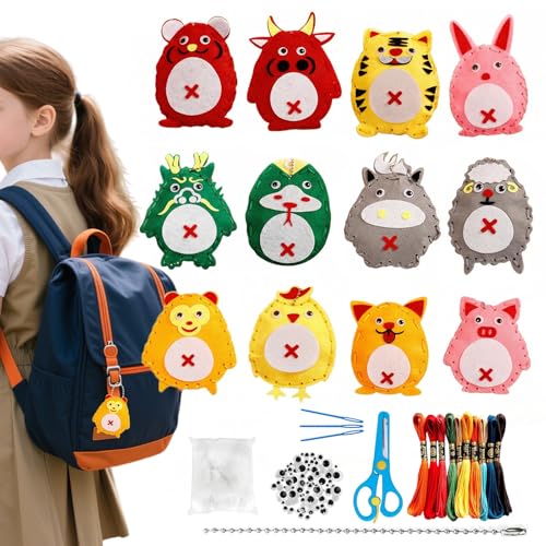 Cexokanase 12 Piezas Set de Costura DIY Signos del Zodiaco Chinos Kit de Manualidades de Fieltro para Niños y Principiantes, Animales Kit de Costura, con Relleno de Algod