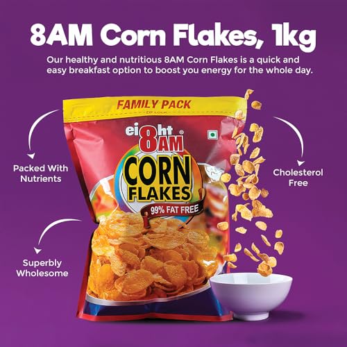 Image of 8AM Cornflakes Family Pack 1 Kg (Pack Of 2), 92% Corn, 99% Fat Free, No Cholesterol, Trans Fat, Vitamin B3 & Iron, Crunchy & Nutritious Whole Grain Breakfast Cereal