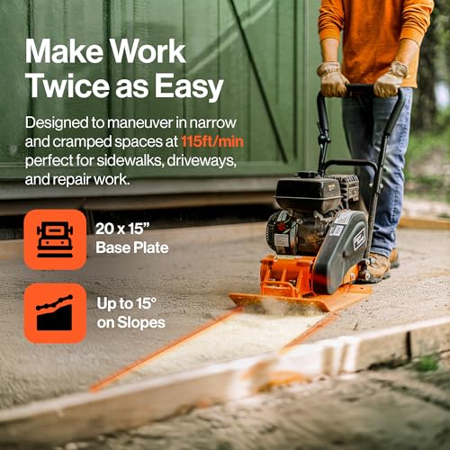 Image of SuperHandy Plate Compactor Rammer 7 HP Gas Engine 4200-Pounds of Compaction Force Rammer Jumping Jack Tamper 20 x 15 Inch Plate for Paving Landscapes Sidewalks Patios EPA /CARB Compliant