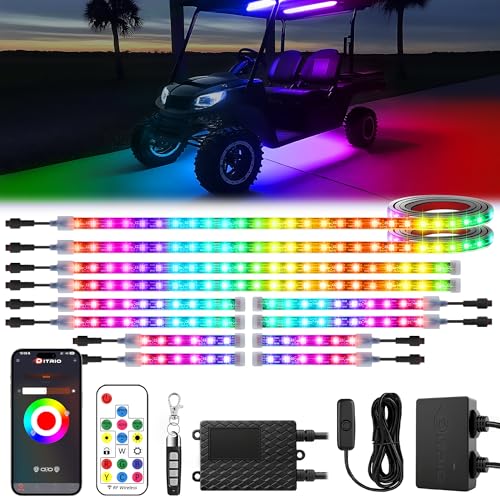 12pcs Golf Cart Led Lights with 12V-72V Voltage Reducer, RGB Led Underglow Light Kit with 2 Remotes and DITRIO App Control,Waterproof,Sound Active, Battery Drain Protect Kill Switch