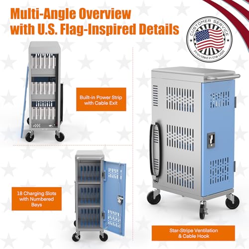 Image of Fully Assembled 18 Bay Laptop Charging Cart on Wheels, Heavy Duty Laptop Storage Cart for iPad Chromebook Tablet Up to 14-inch Screen with Key Lock, Charger & Cable Organization, Grey