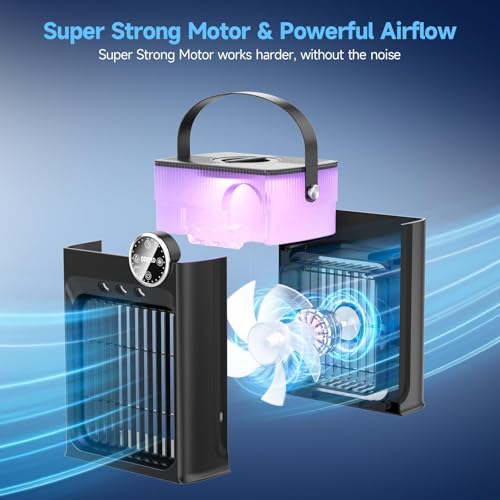 Image of Portable Air Conditioners, 4 in 1 Evaporative Air Cooler with 1200ML Tank, Queit Cooling Fan with Remote Control, 2-8H Timer, 3 Modes & 8 LED Lights, Personal AC Unit for Bedroom, Office and Camping