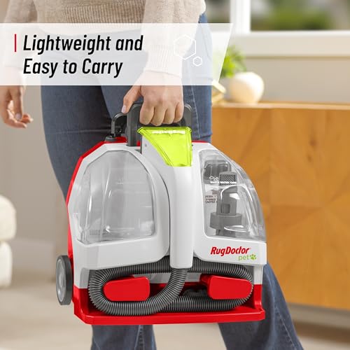 Image of Rug Doctor Pet Portable Spot Cleaner with the Most Powerful Suction Item Highlight: Dual-Action Pet Tool Picks Up Pet Hair and Removes Stains and Odors, Wheels and Retractable Handle Makes Maneuvering Easy