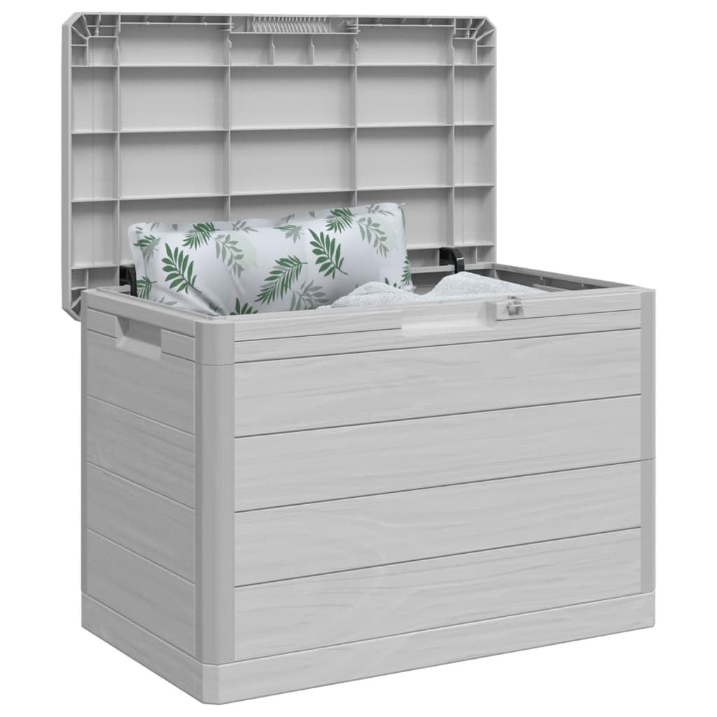 Outdoor-Kissenbox Grau 77,5x44,5x53 cm Polypropylen Aufbewahrungsbox mit abschließbarem Deckel und Holzoptik für Garten Terrasse Lagerung