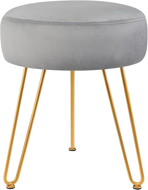 TOUCH-RICH Velvet Footrest Stool Ottoman Round/Square Modern Upholstered Vanity Footstool Side Table Seat Dressing Chair with Golden Metal Leg(Gray,Round-Normal)