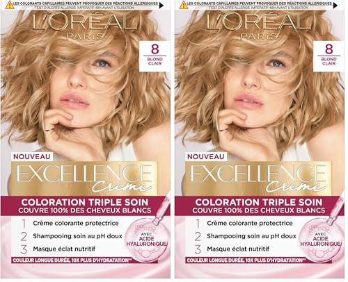 Coloration 8 Blond Triple Soin Couvre 100% Cheveux Blancs Excellence Crème 'oreal Paris La Boîte