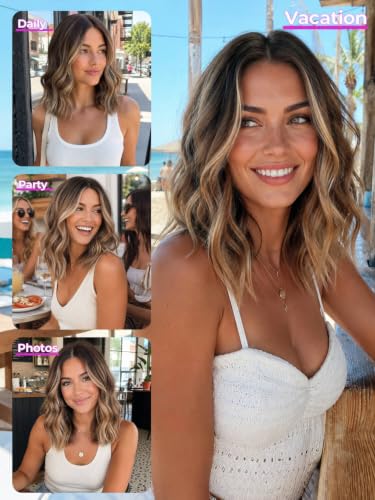 Image of Eawwii Ombre Light Brown With Blonde Short Wavy Wig for Women Lace Hairline Bob Style Synthetic Heat Resistant - Natural Appearance for Everyday Hairstyle 14 Inch