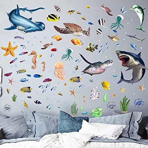 ToyaJeco Creative Under the Sea Shark Fish Wall Decals, Cartoon Ocean Jellyfish Sea Turtle Seaweed Bubble Sea Life Wall Stickers, DIY Art Murals Decor for Kids Bedroom Nursery Bathroom (Fish Style) Cover