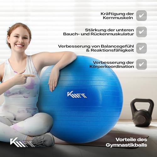 KM-Fit Gymnastikball 65cm | Trainingsball mit Luft-Pumpe | Sitzball Büro Anti-Burst | Ball für Fitness, Yoga, Gymnastik, Core Training | Pezziball Yogaball BPA-Frei | Blau