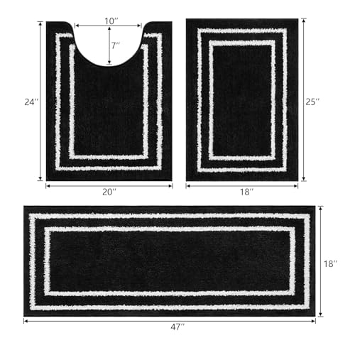 Image of Uphome Bath Mat Set, Shaggy Microfiber Soft Bath Runner Rug, Absorbent Anti-Skid Washable Long Bath mats for Bathroom Floor, Modern Geometric Black Contour Bath Rugs for Toilet Bathtub Laundry