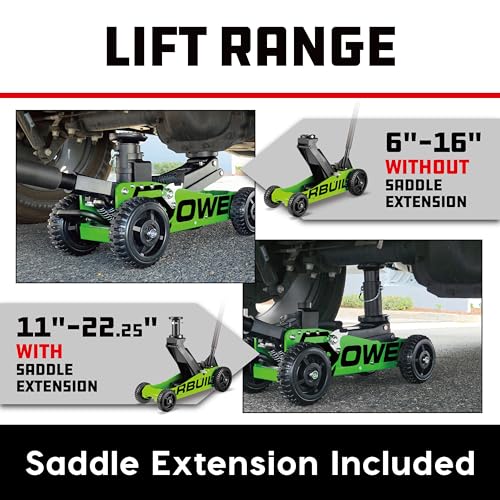 Image of Powerbuilt 2.5 Ton Big Wheel Off Road Jack, Vehicle Lift for Trucks, SUVs, ATVs Offroad Vehicles, Oversized Wheels for Rugged Terrain, 5000 LB Capacity, Green 620624ECE