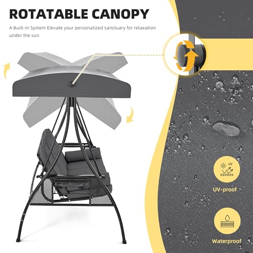 Image of HOMREST 3 Person Outdoor Porch Swing with 1.5 inch Upgraded Cup Holder, Adjustable Canopy, Backrest, Patio Swing Bed with Weather Resistant Steel Frame, Cushions for Garden,Deck and Poolside(Gray)
