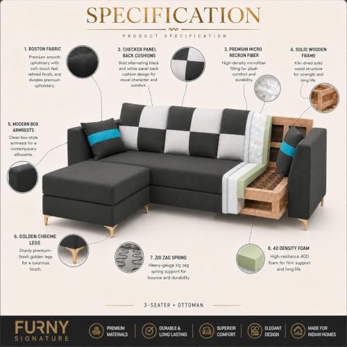 Image of FURNY Signature Cresta 4-Seater L-Shape Sofa Set with Movable Ottoman | Flexible LHS /RHS Layout | Boston Fabric | 40D Foam + Zigzag Spring | 3-Yr Warranty (Ash Grey - Light Grey)