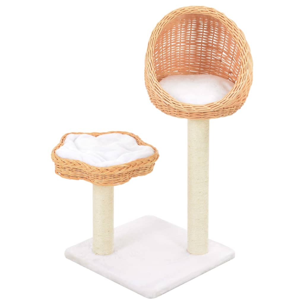 Albero per gatti realizzato a mano in legno naturale con corda in sisal, 2 cestini in vimini e cuscini rimovibili per affilare gli artigli, arrampicarsi e rilassarsi, design compatto