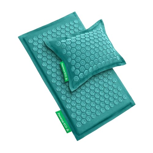 Pranamat Acupressure Large Mat and Pillow Set Premium Acupressure Therapy for Pain Relief and Relaxation Handcrafted in Europe with Sustainable and Natural Materials (Azur)