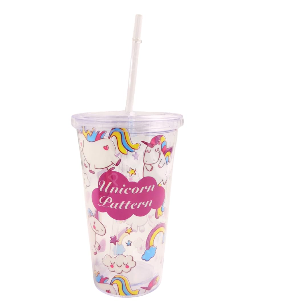 PLUSPOINT Unicorn Sipper Water Drinking Cup 18oz/550ml BPA Free, Wide Mouth, Travel Beverage Cup with Straw Lid, Lightweight, Water Bottle with Cute Glitter Print Design For Girls & Boys