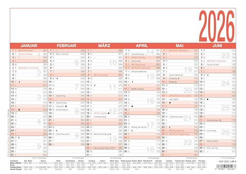 Zettler Arbeitstagekalender A4 2026 – Bürokalender groß 30 × 21 cm, 6 Monate pro Seite, Arbeitstage-, Tages- & Wochenzähler, Ferienübersicht, Feiertage, Mondphasen, Wandkalender kompakt, FSC Karton