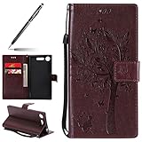 Funda Sony Xperia XZ-1, carcasa Sony Xperia XZ-1 funda cartera, uposao gato y árbol modelo con cordón funda de piel Flip Carcasa Para Sony Xperia XZ-1 Soporte Funda Carcasa [PU Leather]
