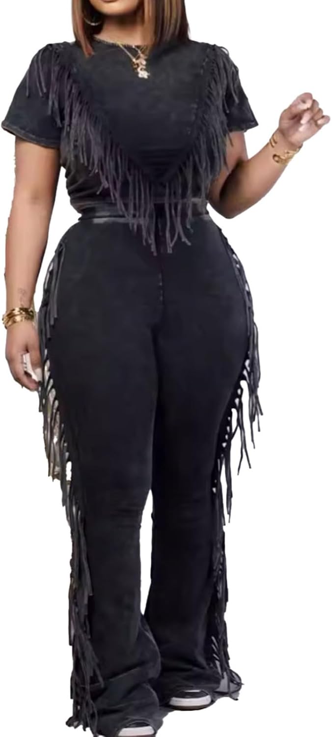 Womens Fringe 2 Piece Lounge Outfits Short Sleeve Crop Top Flare Pants Workout Sets Casual Sweatsuit