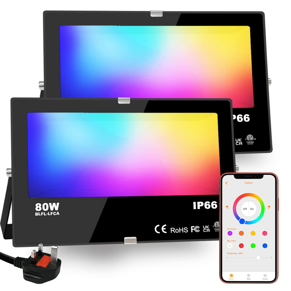 LED RGB Floodlights Outdoor, 800W Equivalent, Smart Colour Changing Flood Lights, APP Controlled, Timing, IP66 Waterproof, UK Plug (2 Pack)