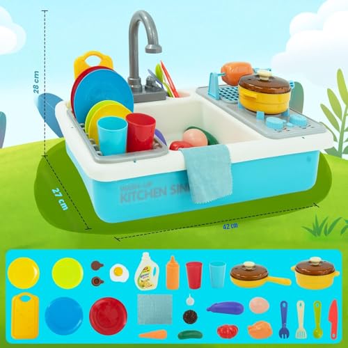 Juego de juguetes de cocina con fregadero de agua corriente y parrilla para niños 6