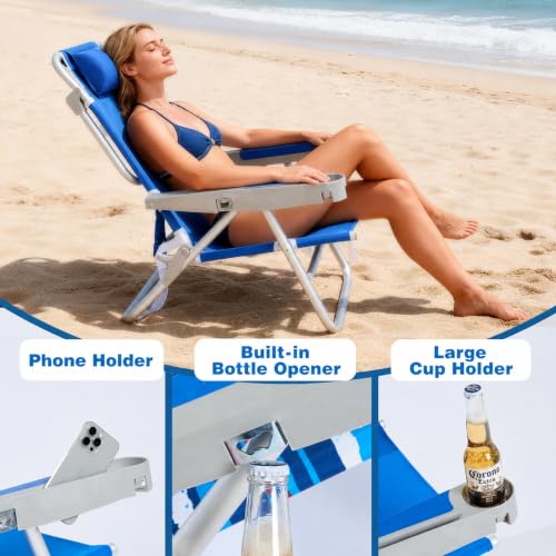 Image of SUNNYFEEL XL 28 inch Extra Wide Beach Chair for Adults,Low Backpack Beach Chair | 5-Position Lay Flat Reclining, 500 lb Heavy Duty Folding Chair with Pillow & Cup Holder, Navy Blue