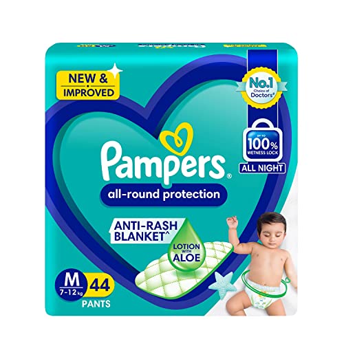 Image of Pampers Complete Skin Comfort Pants, Anti-rash blanket, Lotion with Vitamin E & Aloe Vera, Medium size baby diapers (MD) 44 Count, 7-12 kg