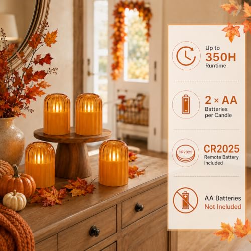 Image of Lezonic Orange Glass Flameless Candles with Remote & Timer, Set of 4 Real Wax LED Pillar Candles with Dancing Flickering Flame, 3 inch x 4 inch /5 inch, Fall Halloween Thanksgiving Christmas Decorations