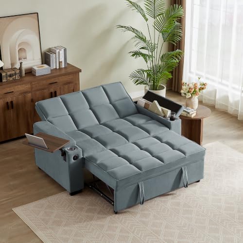 Image of KCGKCG 65 inch Pull-Out Sleeper Sofa Bed, Adjustable Backrest, Light Blue