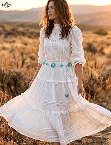 Image of Turquoise Belt Silver Western Chain Belt, Cowgirl Concho Style with Turquoises Embellishment for Women
