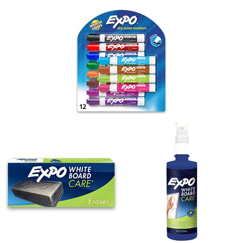 EXPO Low Odor Dry Erase Markers Chisel Tip Assorted Colors 12 Count Dry Block Eraser Soft Pile 5-1