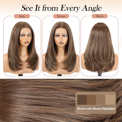Image of EMMOR Human Hair Wig for Women 13x5x1 Inch HD Lace Front Wig 18 Inch Layered Glueless Wigs Pre-Plucked Hairline Human Hair Blend Synthetic Fiber for Everyday Wear(Brown with Blonde Highlights)