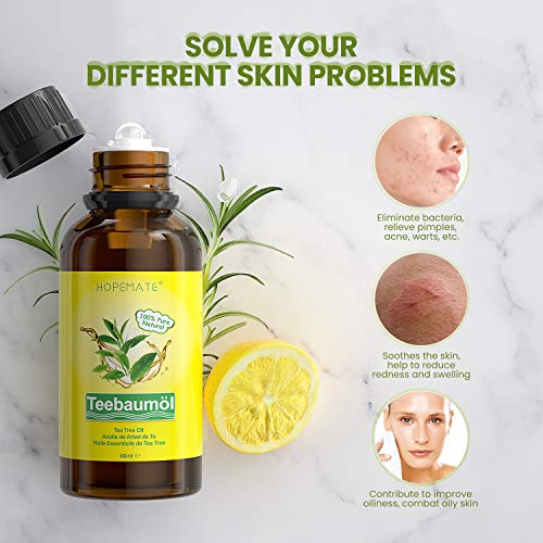 Teebaumöl 100% Reines und Naturrein, 60ML Tea Tree Oil Anti Pickel, Akne, Warzen und Andere Hautprobleme, Vegan Teebaum Ätherisches Öl für Unreine Haut, Gesicht, Kopfhaut und Haare