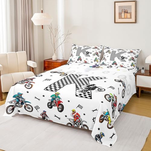 Homemissing Juego de sábanas para moto de cross, tamaño doble, diseño de tablero de ajedrez, letra K, bandera de carreras, sábana bajera ajustable con bolsillo profundo, temática de motocross