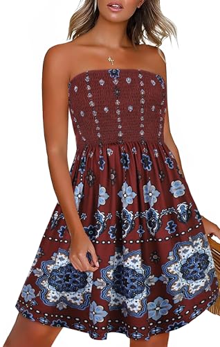 CHICGAL Womens Summer Dresses Strapless Sundresses Boho Floral Print Tube Dress Beach Cover Ups(Red Boho Print,L)