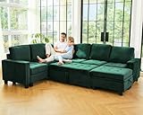 Belffin Modular Sectional Sleeper Sofa with Pull Out Bed U Shaped Sectional Sofa Couch with Storage Ottoman Velvet Covertible 7-Seater Sofa for Living Room Green