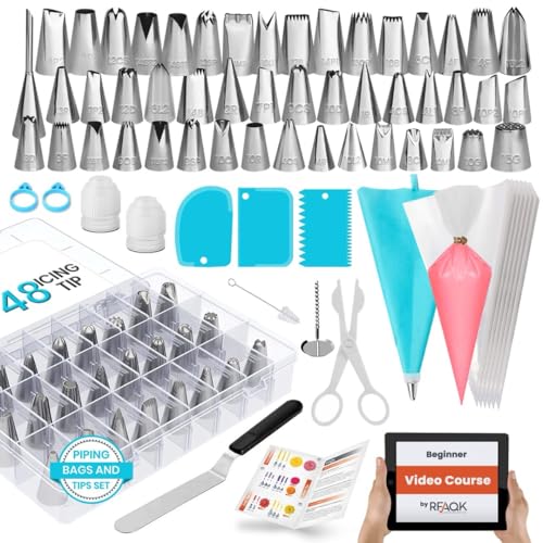 Piping Bags and Nozzles | RFAQK 100 PCs Cake Decorating Kit with Spatula-Cake Scraper-48 Numbered Piping Nozzle & Piping Bag-Reusable Silicon Bag-Pattern Chart EBook & Icing Bags and Nozzles Set