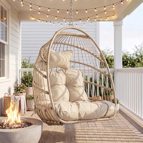 BULEXYARD Wicker Egg Chair Without Stand 350 Lbs Foldable Rattan Swing with Cozy Padded Cushion All-Season Hanging Hammock Basket for Outdoor Patio Balcony Bedroom Garden Tree Ceiling Beige