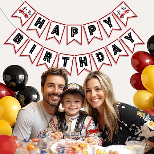 Image of Race Car Happy Birthday Banner Racetrack Running Racer Party Decoration for Birthday Party Decorations, Red Racing Theme Decor