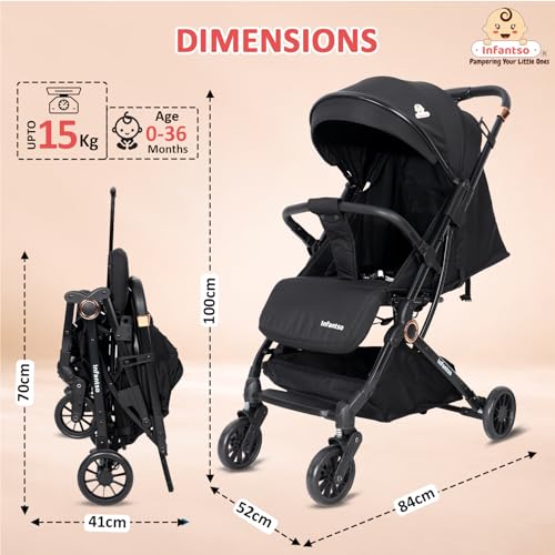 Image of Infantso RIDE-X Premium Baby Stroller / Pram Auto Fold with 5 Points Safety Harness, Multi Level seat Recline & Spacious Cushioned seat, One-Hand Fold and 360 Rotating Wheels, Travel Friendly, Extendable Canopy, Adjustable Footrest, Shock Absorption Wheels, Lightweight Stroller for 0 to 3 Years (Black)
