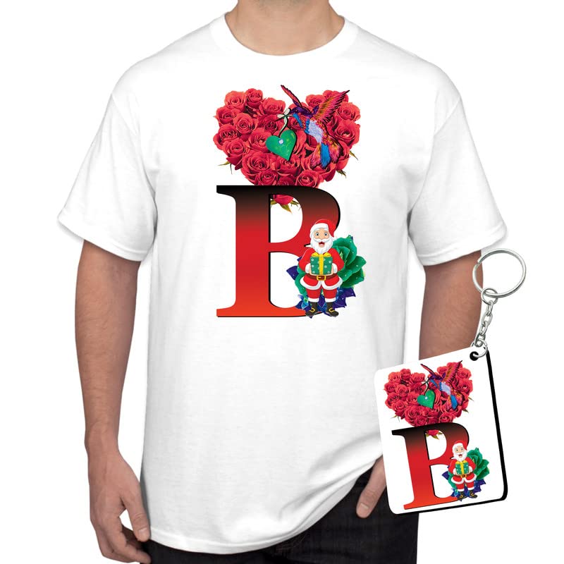 Bhawani Gift Merry Christmas| Santa Claus| Red Rose White Graphic Printed Round Neck Polycotton White T-Shirt with Key-Chain for Men