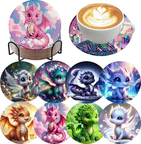 Mrnsiet 8PCS Diamond Art Coasters with Holder, DIY Dragon Diamond Painting Coasters Kits for Adults, Non Slip Cute Dragon Mosaic Dot Painting Coaster Gift Set for Beginners 4x4 Inch