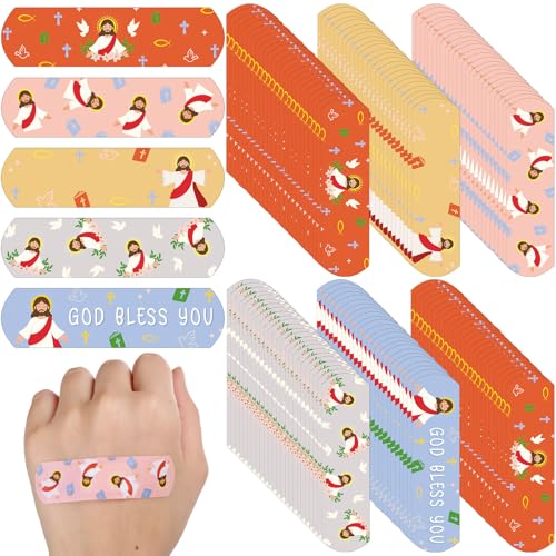 Aurelema 400 Pcs Jesus Bandages Bulk for Boo-Boos Cartoon Adhesive Bandages God Bless You Self-Adhesive Bandages Pack After Little Scrapes Waterproof Breathable
