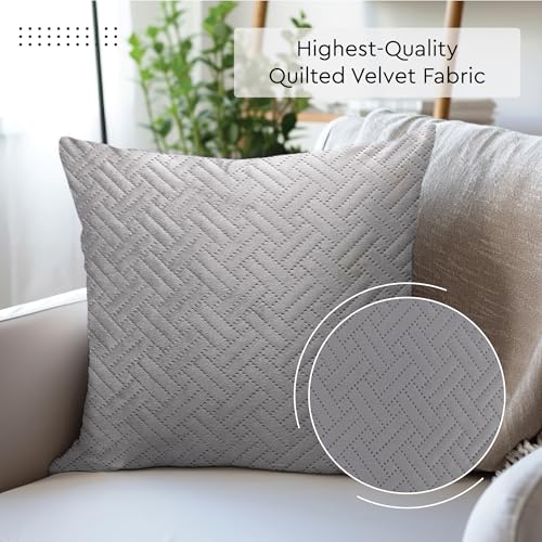 Image of Encasa XO Quilted Velvet Cushion Covers, Pillow Covers, No Inserts Grey | 16 inchx16 inch | Double Sided Texture | Hidden Zipper | Machine Washable | Set of 2