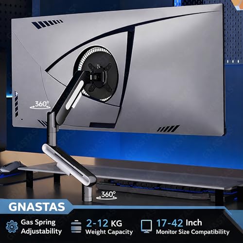 Image of Heavy Duty Single Monitor Arm Monitor Stand Gas Spring Desk Mount for 17-42 Inch Screens, Fully Adjustable, 2-12 kg, VESA 75x75 & 100x100 mm, C-Clamp & Grommet Base, Black & White