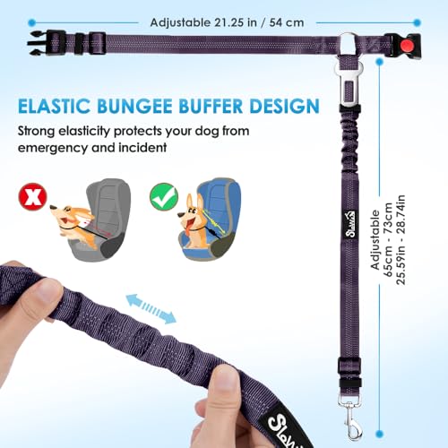 Image of SlowTon Dog Seat Belt for Car, 2 Pack Dog Car Harness Seatbelt with Bungee | 2 in 1 Pet Car Leash Headrest Restraint & Dog Safety Tether Clip, Adjustable with Elastic Buffer, Reflective, Purple M /L