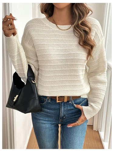 Image of MakeMeChic Women's Bow Sweater Drop Shoulder Crew V Neck Fall Sweaters Pullover Tops