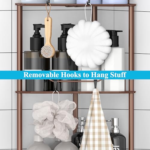 Image of HuggieGems 3 Tier Floor Standing Corner Shower Caddy Organizer Shelf with Hooks, Bathroom Shelves Stand Rack, Coffee