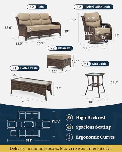 HILLGA Luxury Patio Furniture Set with 6-inch Thick Cushion, Outdoor Couch and High Back Swivel Rocker Patio Chairs, 8PCS Wicker Conversation Set for Deck Yard and Poolside, Beige (V2)