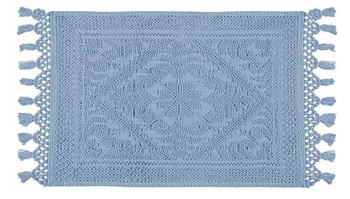 Savi Home Cotton Woven Jacquard Bathroom Rug, Woven Fringe Bathroom Mats, 100% Cotton, Non - Slip Bath Mat, Durable Thick Bath Mat 20”x38” with Fringes, Sky Blue